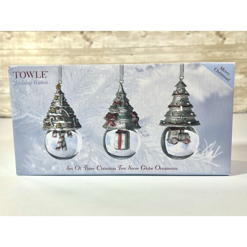 Snow Globe Ornaments Holiday Wishes Set of Three Christmas Tree By Towle